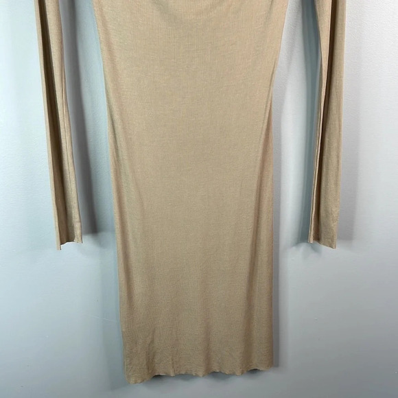 BCBGMAXAZARIA Tan Ribbed Scoop Cowl Neck Column Sheath Midi Dress Baddie Size S - Picture 4 of 11